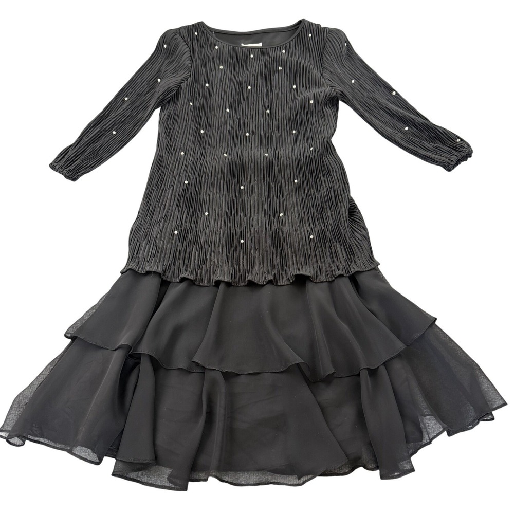 After Dark Vintage Black Crinkle Beaded Dress 9/10 Long Sleeve Tiered Skirt USA - Picture 2 of 10